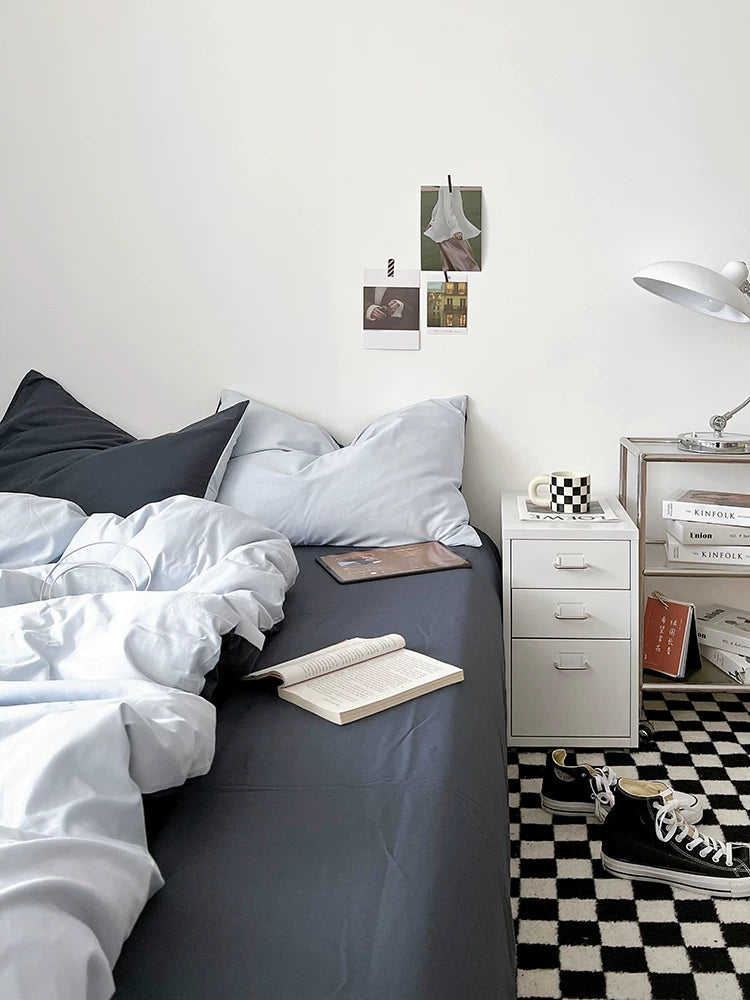 Washed Cotton Color-Block Bedding Set - Ocean Blue + Grey
