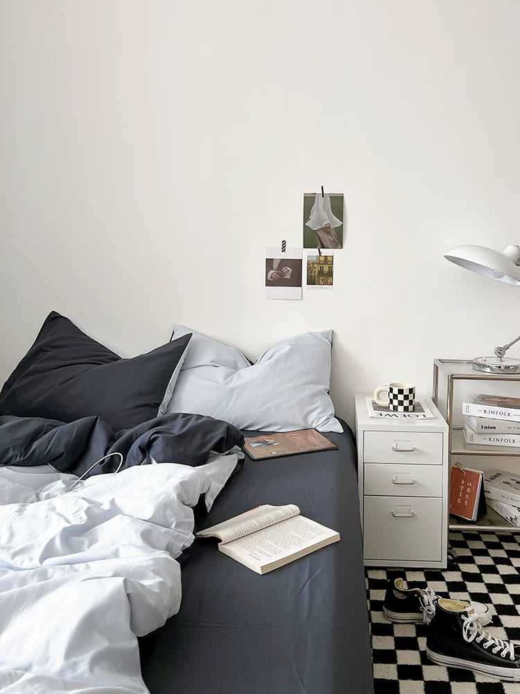 Washed Cotton Color-Block Bedding Set - Ocean Blue + Grey