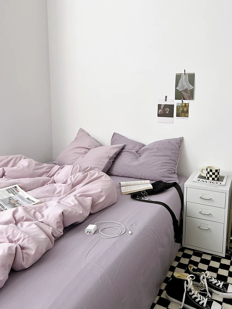 Washed Cotton Color-Block Bedding Set - Lilac + Purple