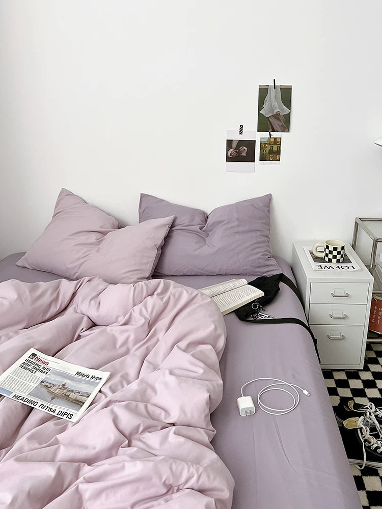 Washed Cotton Color-Block Bedding Set - Lilac + Purple