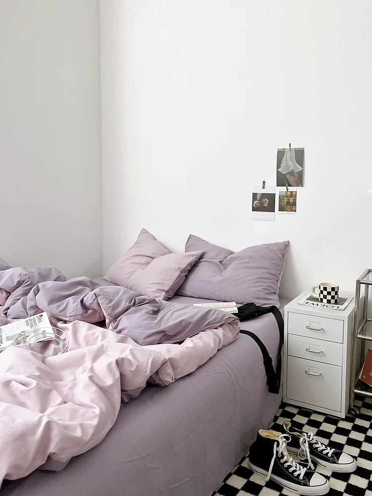 Washed Cotton Color-Block Bedding Set - Lilac + Purple