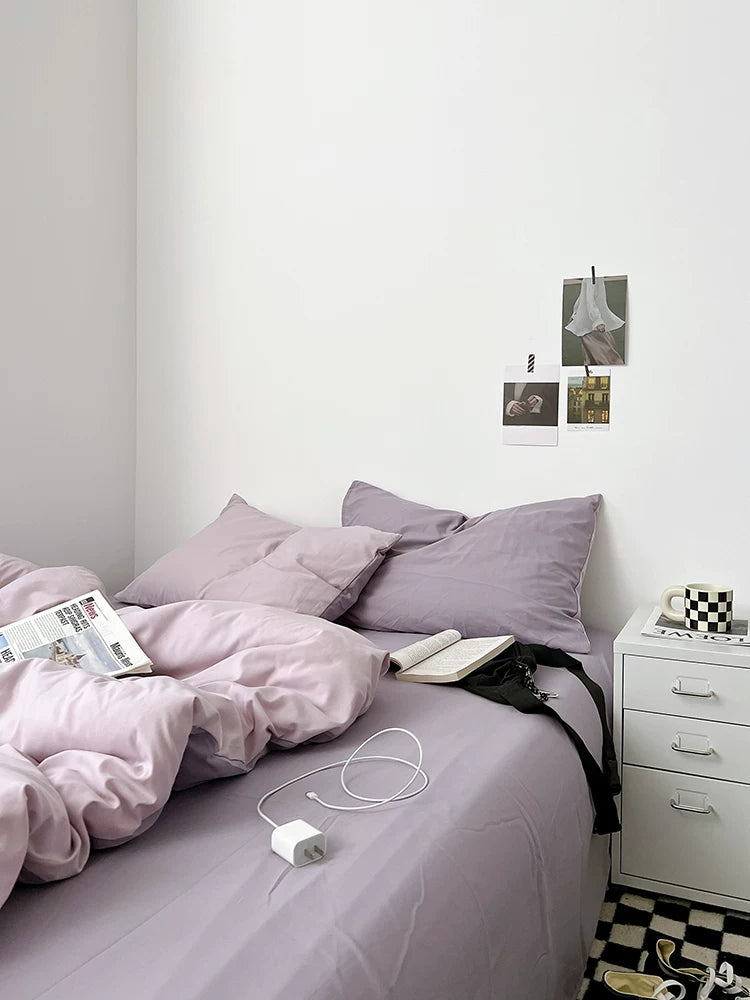 Washed Cotton Color-Block Bedding Set - Lilac + Purple