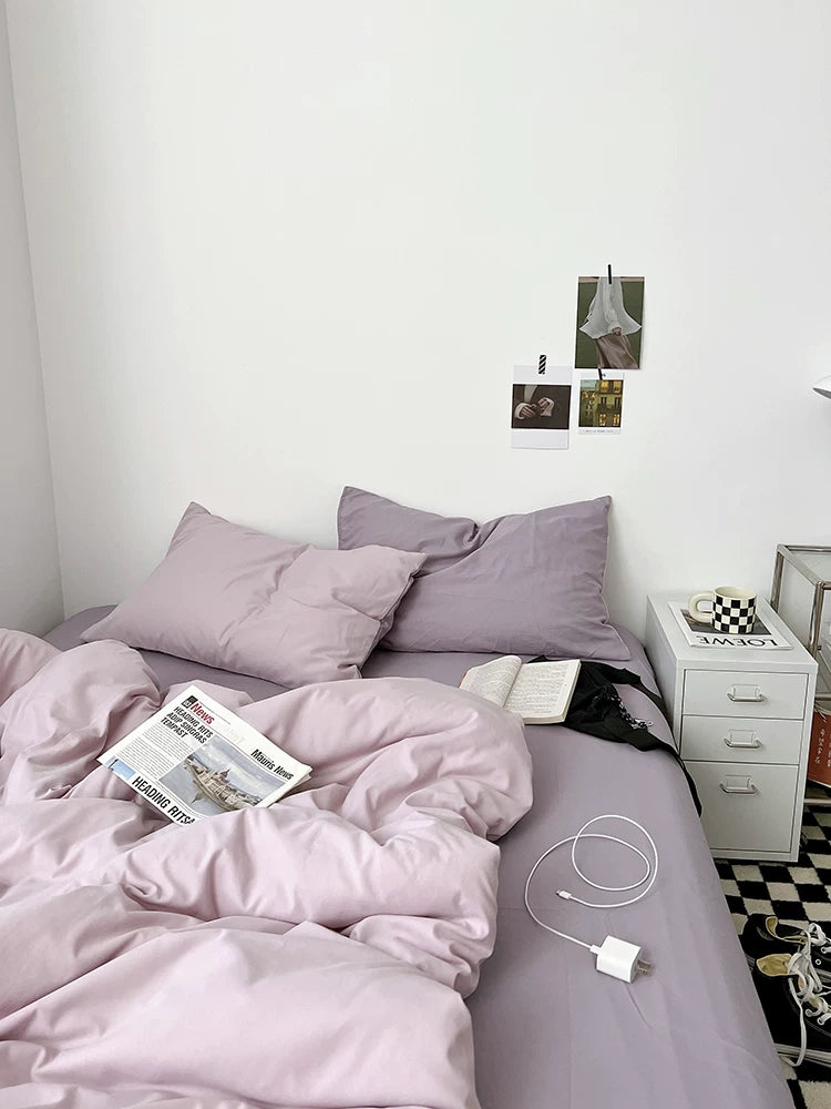 Washed Cotton Color-Block Bedding Set - Lilac + Purple