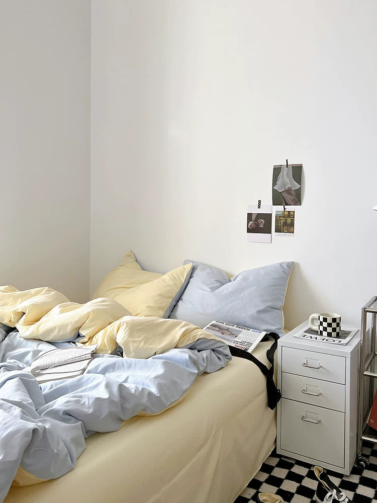 Washed Cotton Color-Block Bedding Set - Sky Blue + Butter