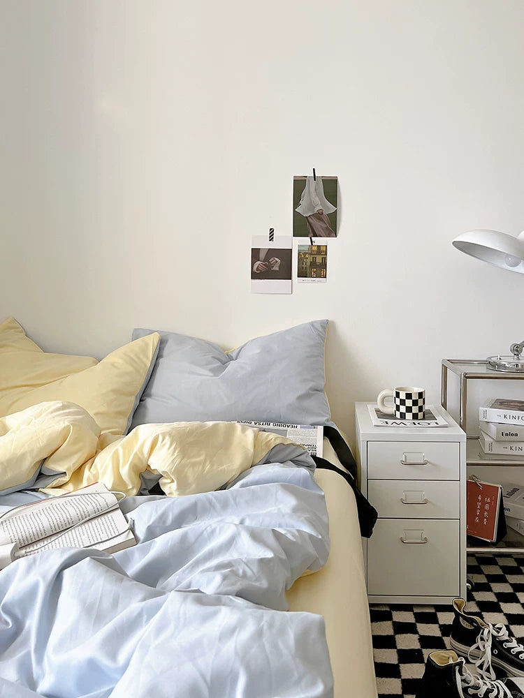 Washed Cotton Color-Block Bedding Set - Sky Blue + Butter