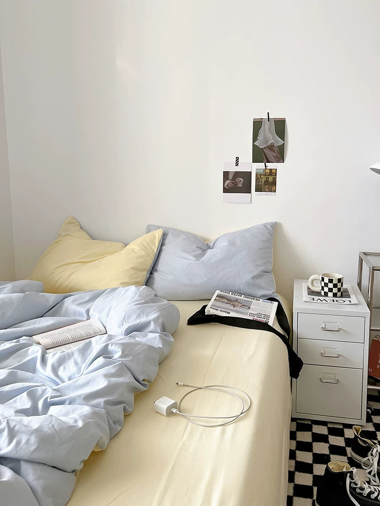 Washed Cotton Color-Block Bedding Set - Sky Blue + Butter