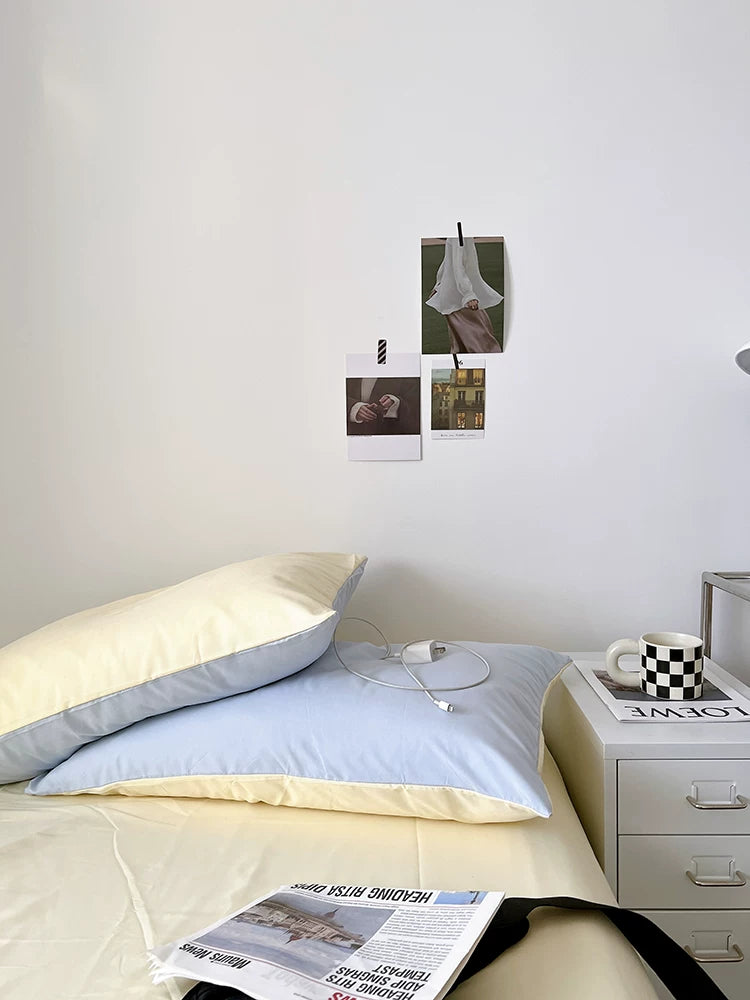 Washed Cotton Color-Block Bedding Set - Sky Blue + Butter