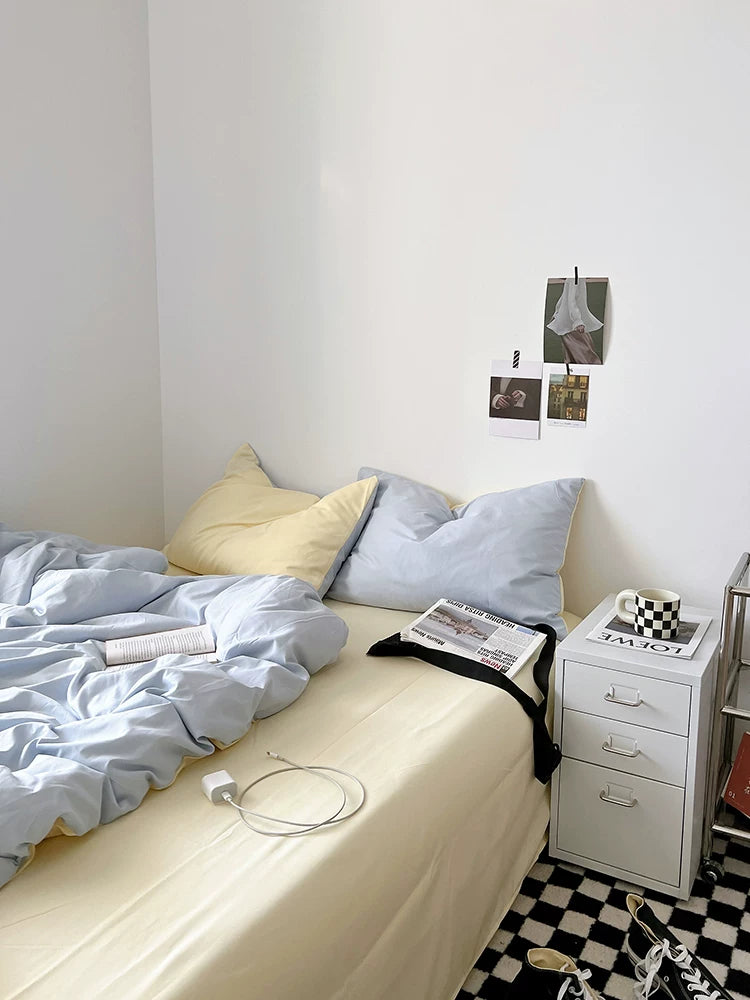 Washed Cotton Color-Block Bedding Set - Sky Blue + Butter