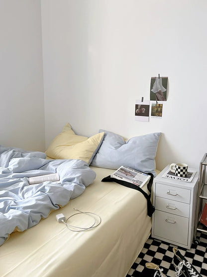 Washed Cotton Color-Block Bedding Set - Sky Blue + Butter