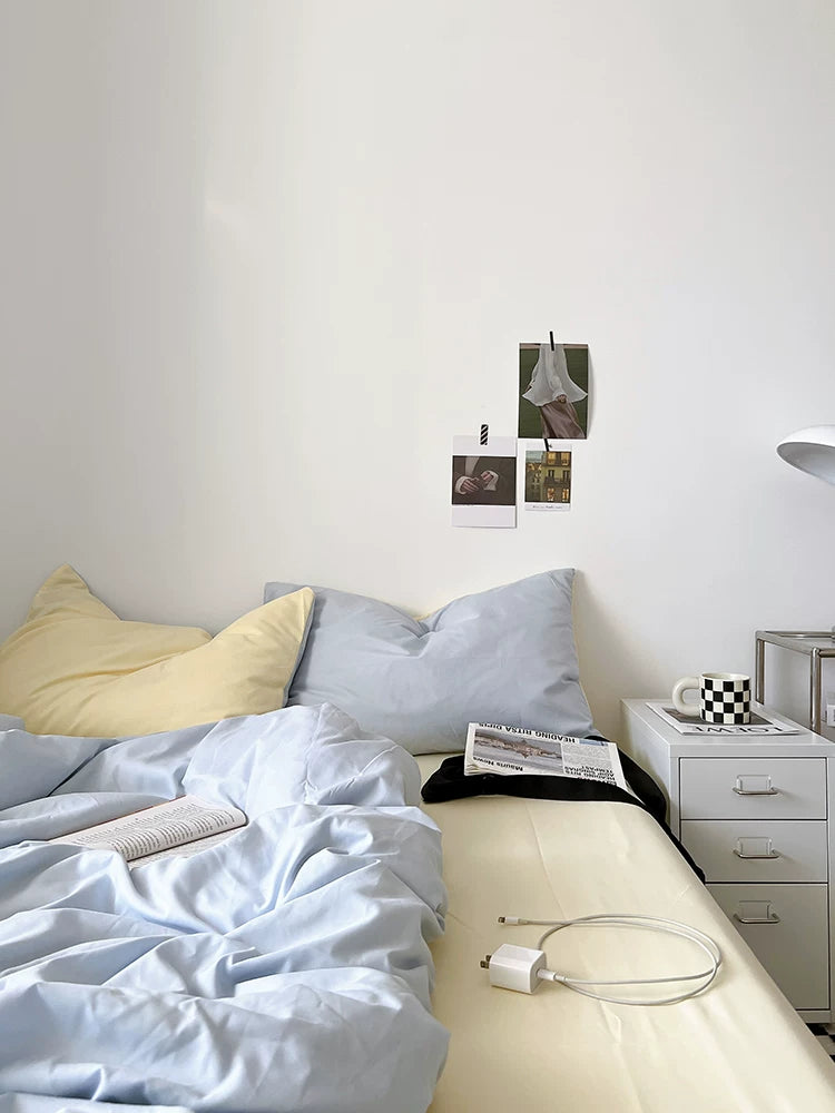 Washed Cotton Color-Block Bedding Set - Sky Blue + Butter