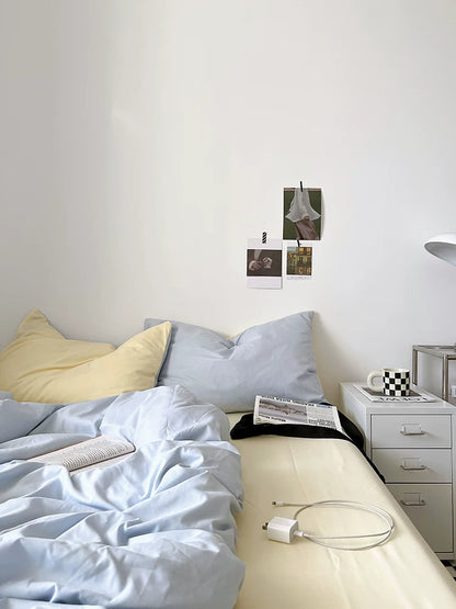 Washed Cotton Color-Block Bedding Set - Sky Blue + Butter