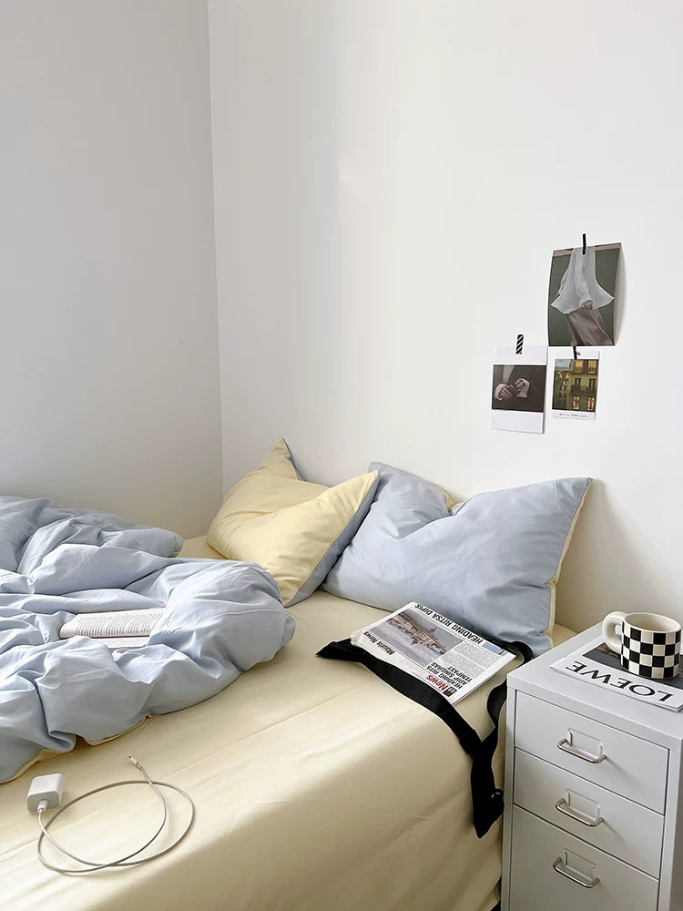 Washed Cotton Color-Block Bedding Set - Sky Blue + Butter
