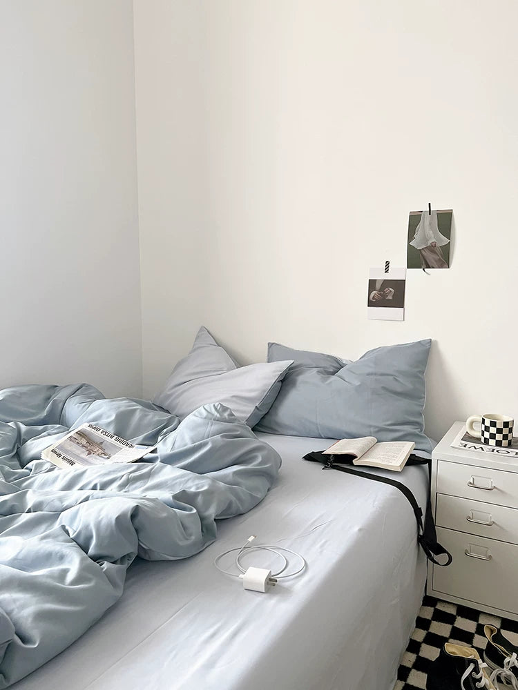 Washed Cotton Color-Block Bedding Set - Sky Blue + Butter