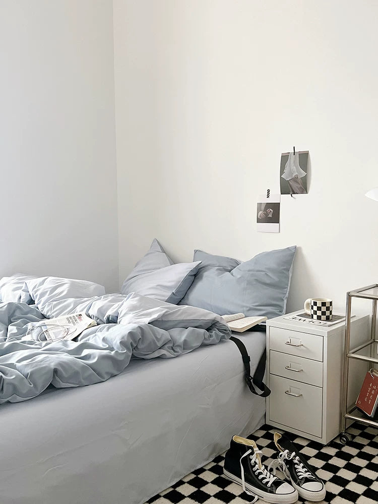 Washed Cotton Color-Block Bedding Set - Misty Blue + Grey