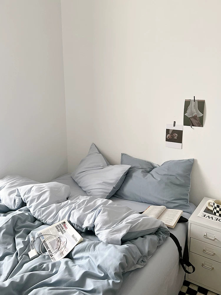 Washed Cotton Color-Block Bedding Set - Misty Blue + Grey