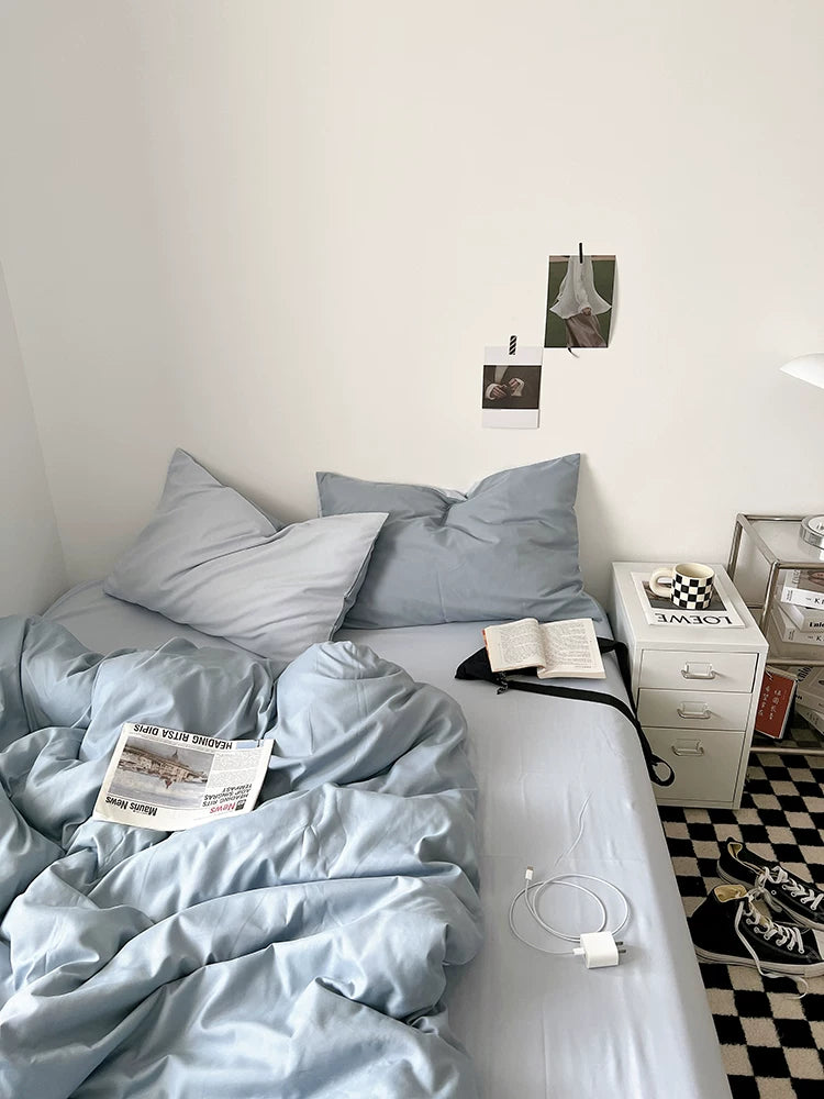 Washed Cotton Color-Block Bedding Set - Misty Blue + Grey