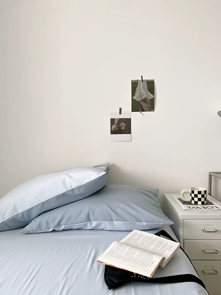 Washed Cotton Color-Block Bedding Set - Misty Blue + Grey