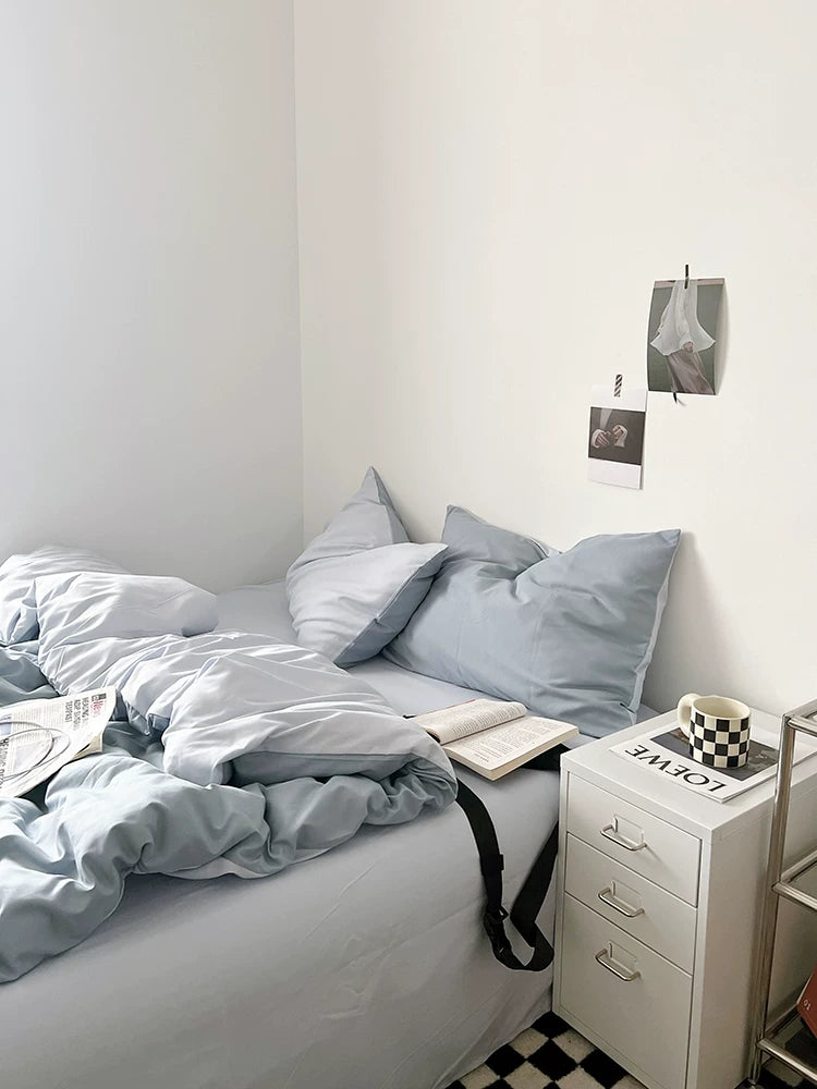 Washed Cotton Color-Block Bedding Set - Misty Blue + Grey