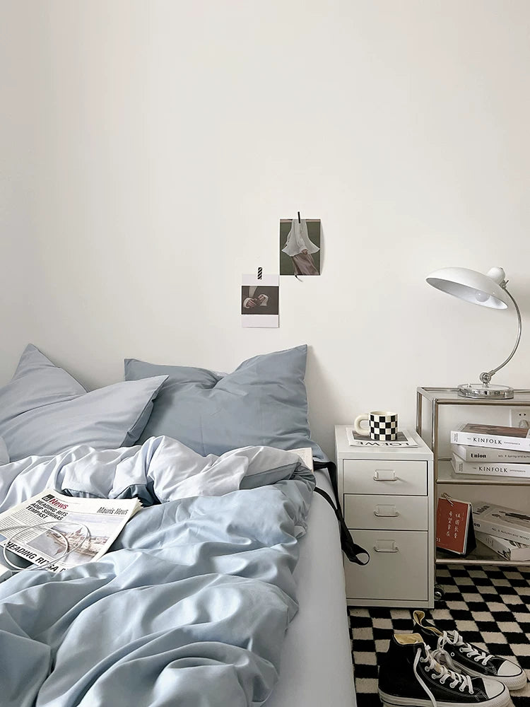 Washed Cotton Color-Block Bedding Set - Misty Blue + Grey