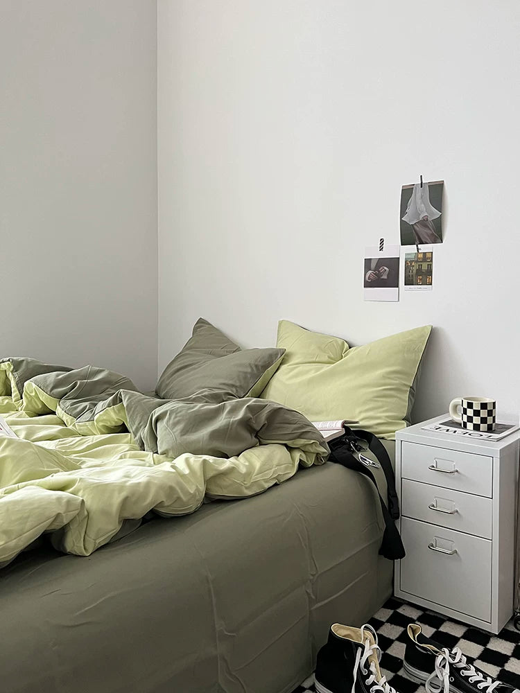 Washed Cotton Color-Block Bedding Set - Mint Green + Sage