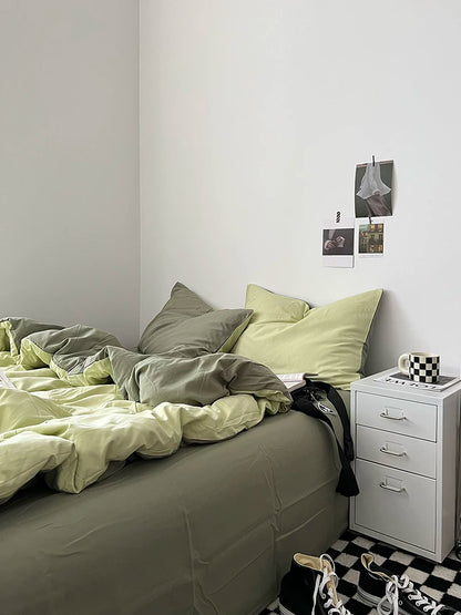 Washed Cotton Color-Block Bedding Set - Mint Green + Sage