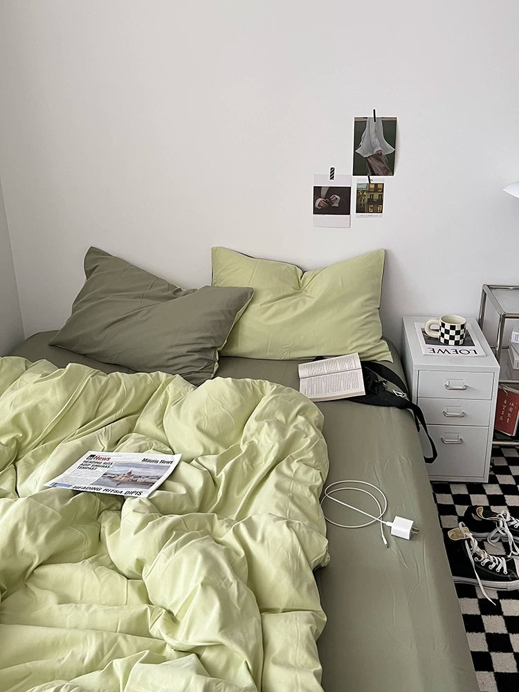 Washed Cotton Color-Block Bedding Set - Mint Green + Sage