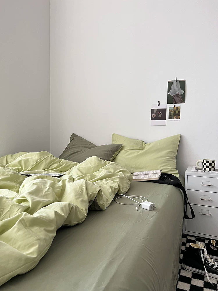 Washed Cotton Color-Block Bedding Set - Mint Green + Sage