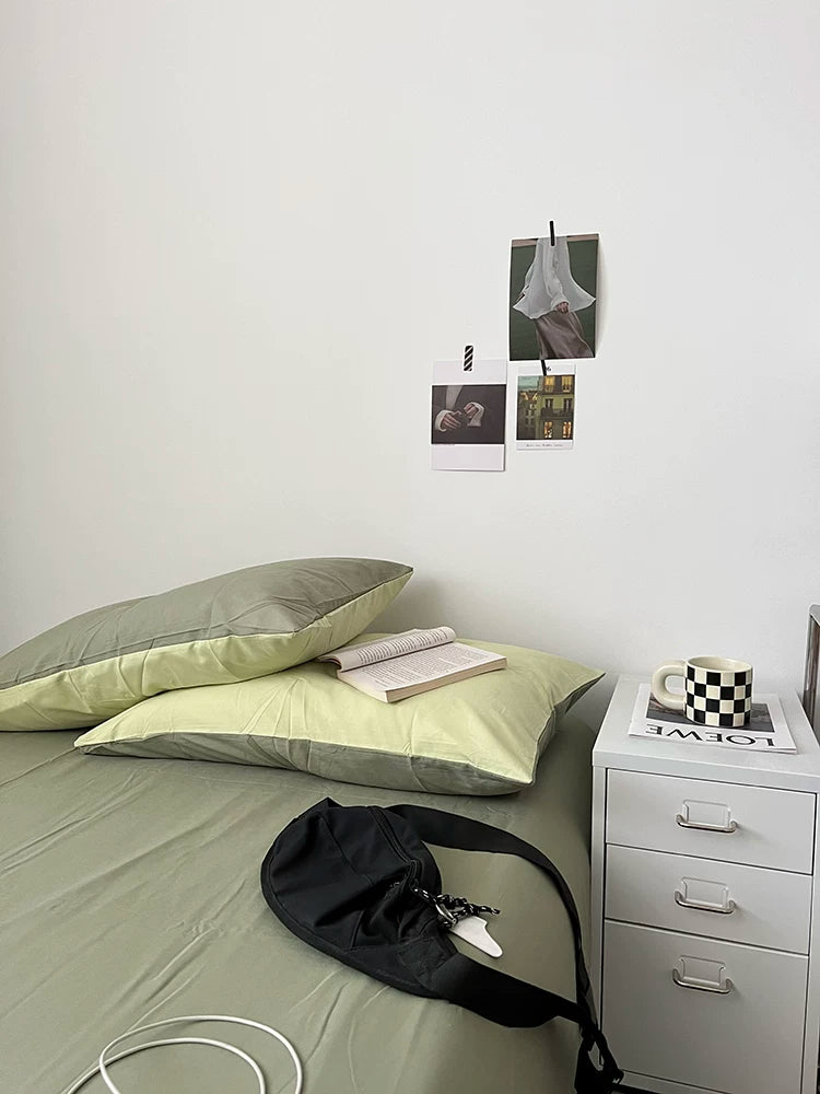 Washed Cotton Color-Block Bedding Set - Mint Green + Sage