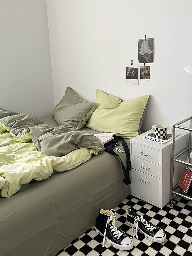 Washed Cotton Color-Block Bedding Set - Mint Green + Sage