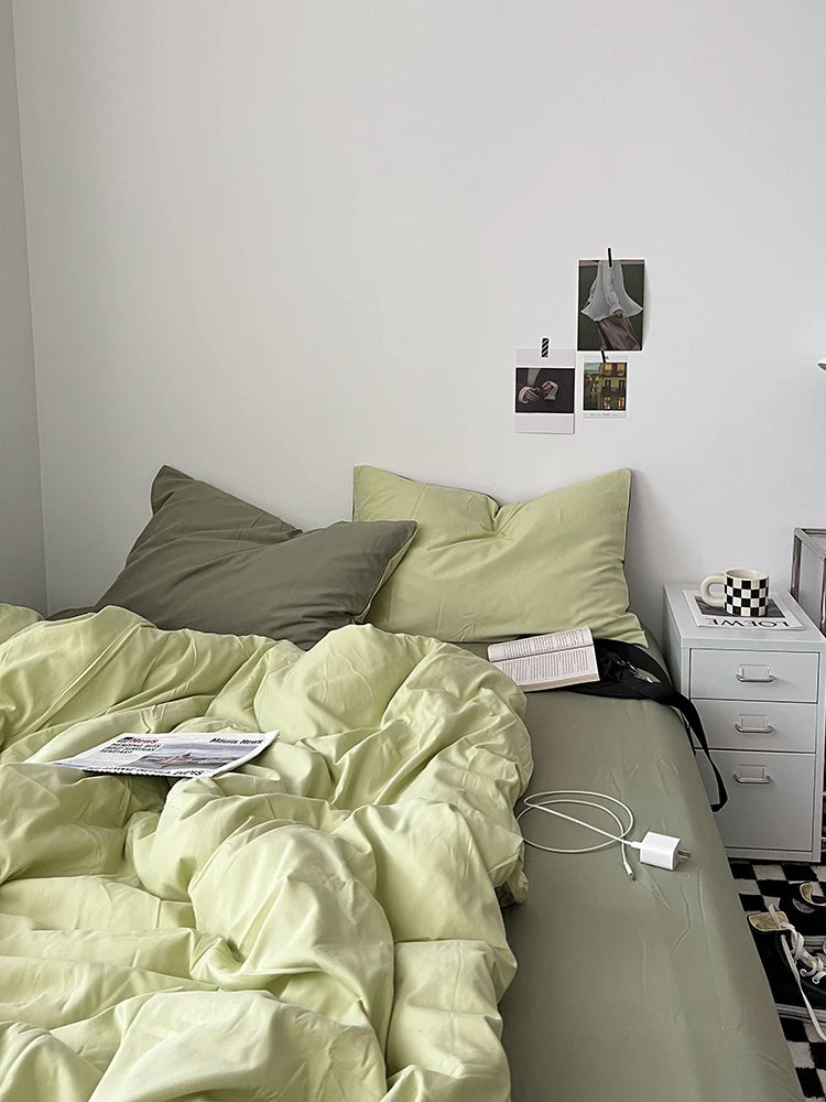 Washed Cotton Color-Block Bedding Set - Mint Green + Sage