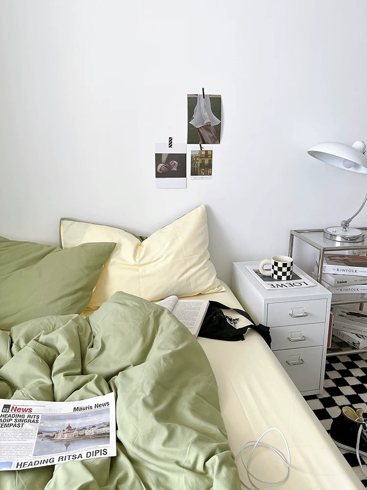 Washed Cotton Color-Block Bedding Set - Sage Green + Cream