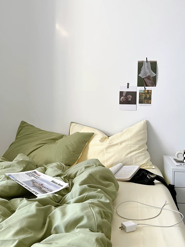 Washed Cotton Color-Block Bedding Set - Sage Green + Cream