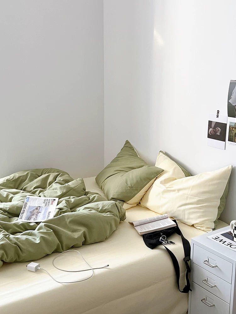 Washed Cotton Color-Block Bedding Set - Sage Green + Cream