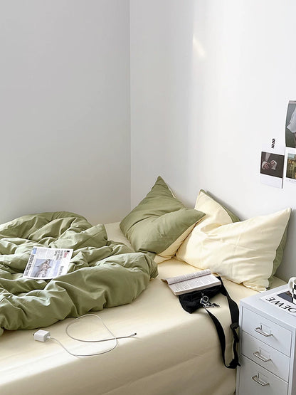 Washed Cotton Color-Block Bedding Set - Sage Green + Cream