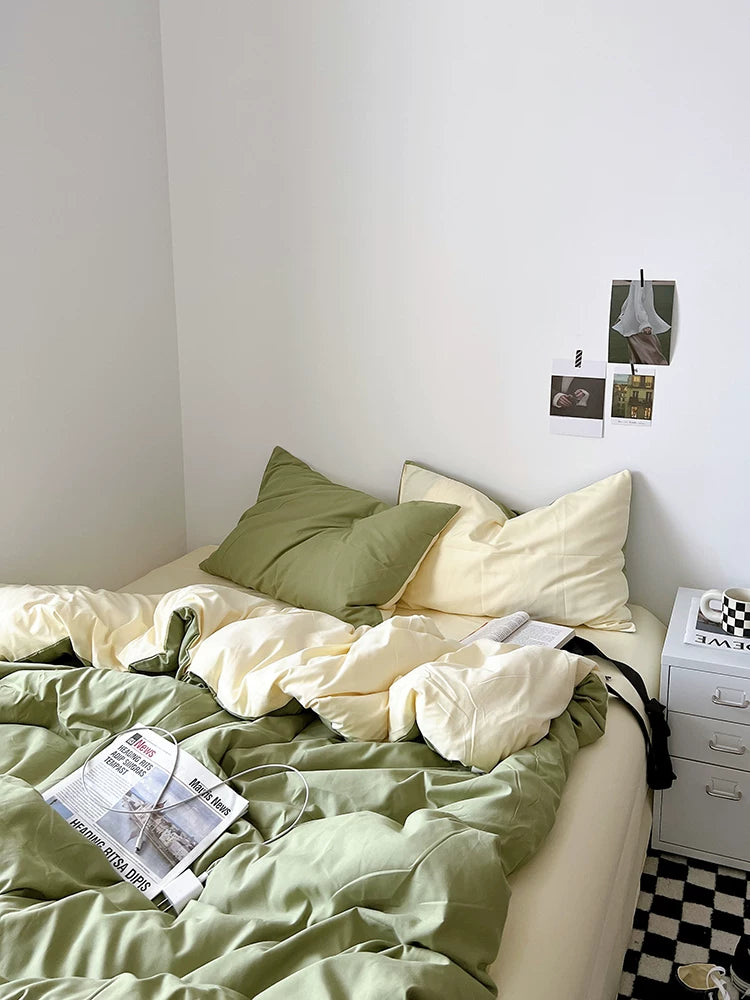 Washed Cotton Color-Block Bedding Set - Sage Green + Cream