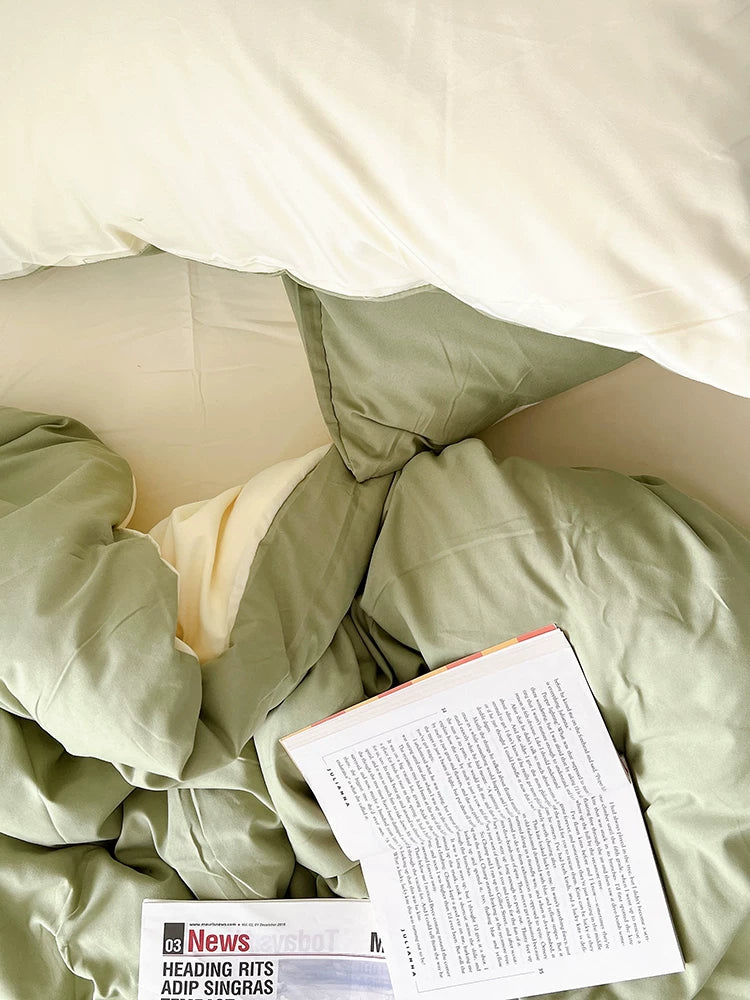 Washed Cotton Color-Block Bedding Set - Sage Green + Cream
