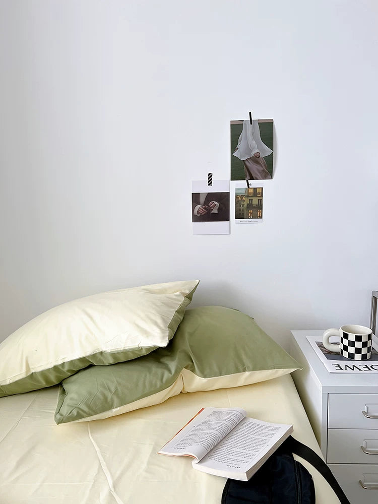 Washed Cotton Color-Block Bedding Set - Sage Green + Cream