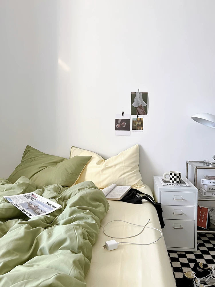 Washed Cotton Color-Block Bedding Set - Sage Green + Cream
