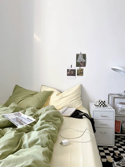 Washed Cotton Color-Block Bedding Set - Sage Green + Cream
