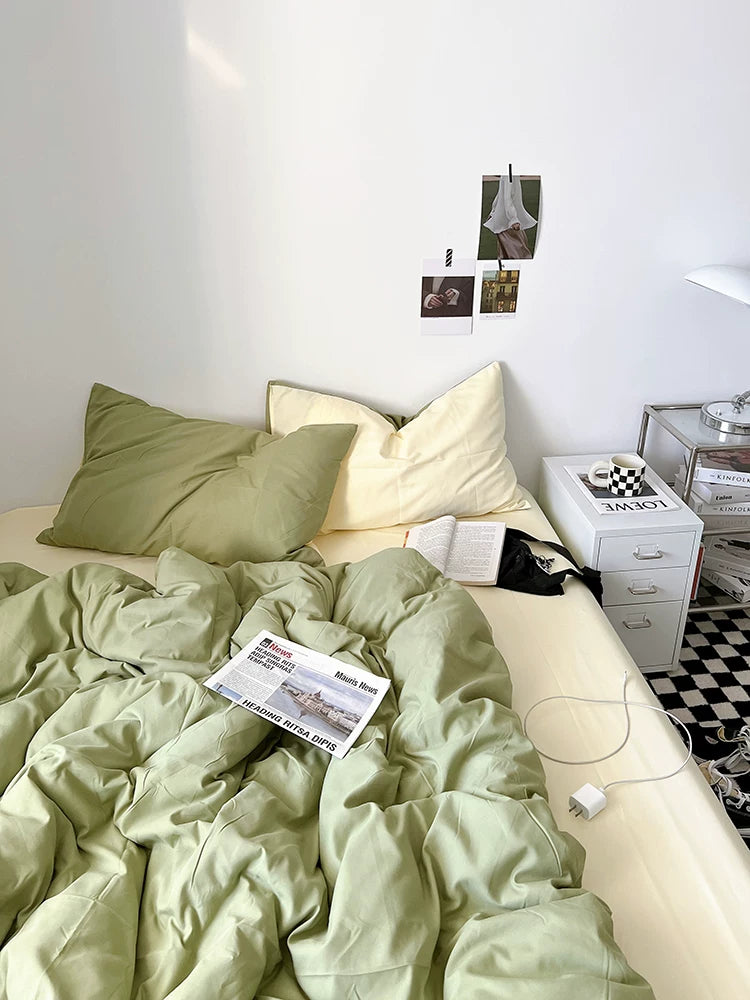 Washed Cotton Color-Block Bedding Set - Sage Green + Cream