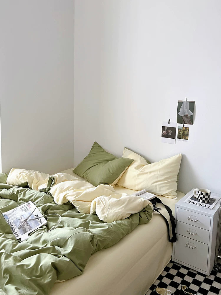 Washed Cotton Color-Block Bedding Set - Sage Green + Cream