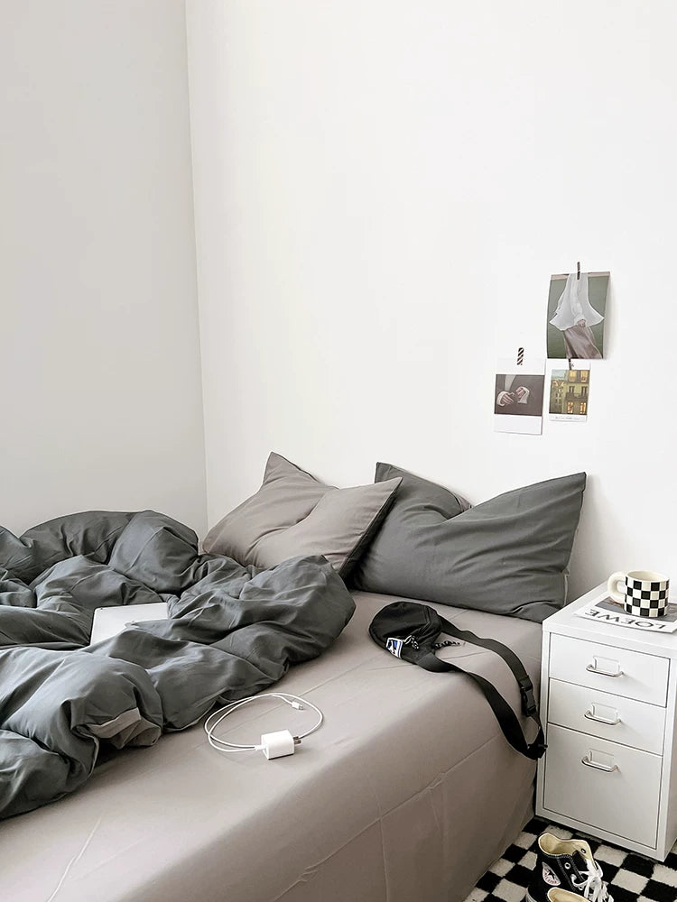 Washed Cotton Color-Block Bedding Set - Light Grey + Grey