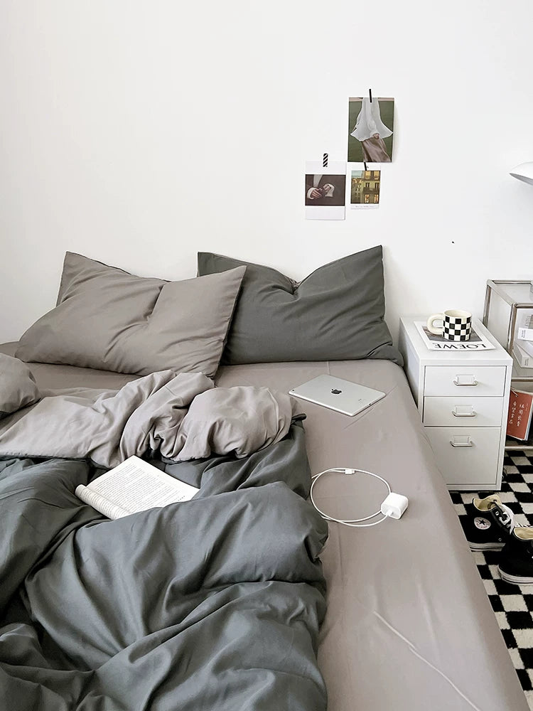 Washed Cotton Color-Block Bedding Set - Light Grey + Grey