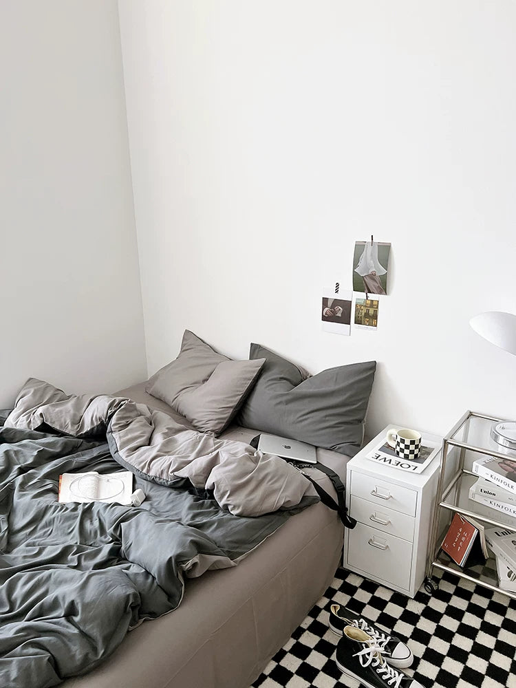 Washed Cotton Color-Block Bedding Set - Light Grey + Grey