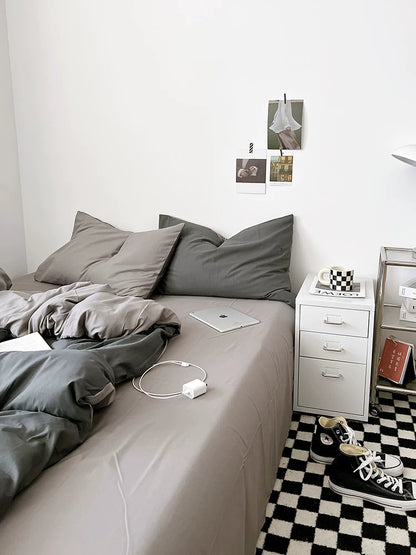 Washed Cotton Color-Block Bedding Set - Light Grey + Grey