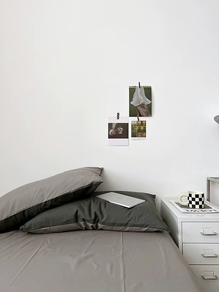 Washed Cotton Color-Block Bedding Set - Light Grey + Grey