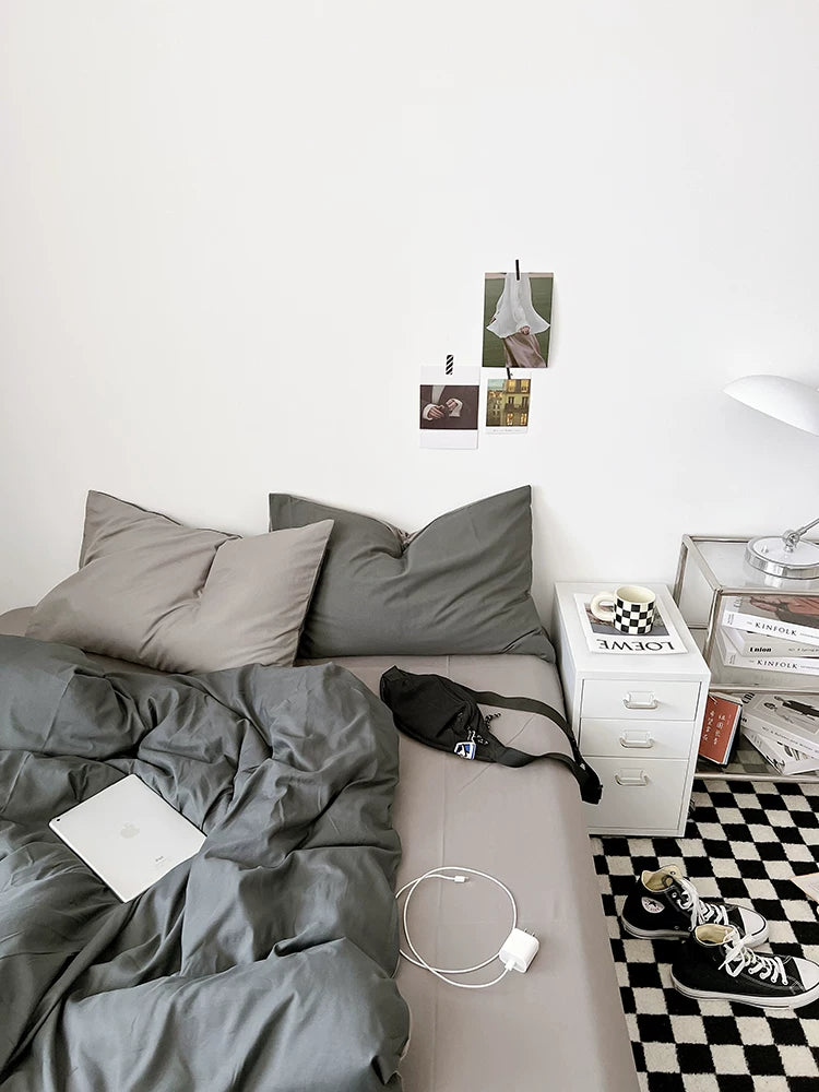 Washed Cotton Color-Block Bedding Set - Light Grey + Grey