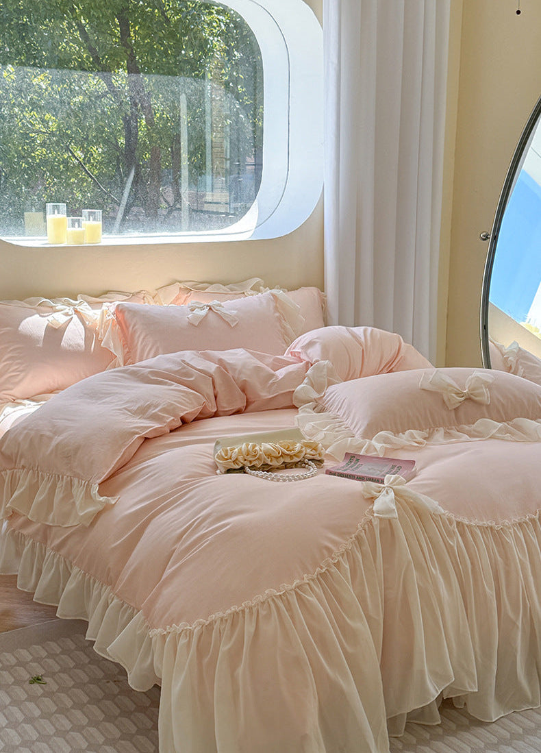Pure Cotton Ribbon Bow Lace Ruffle Bedding Set - Pink