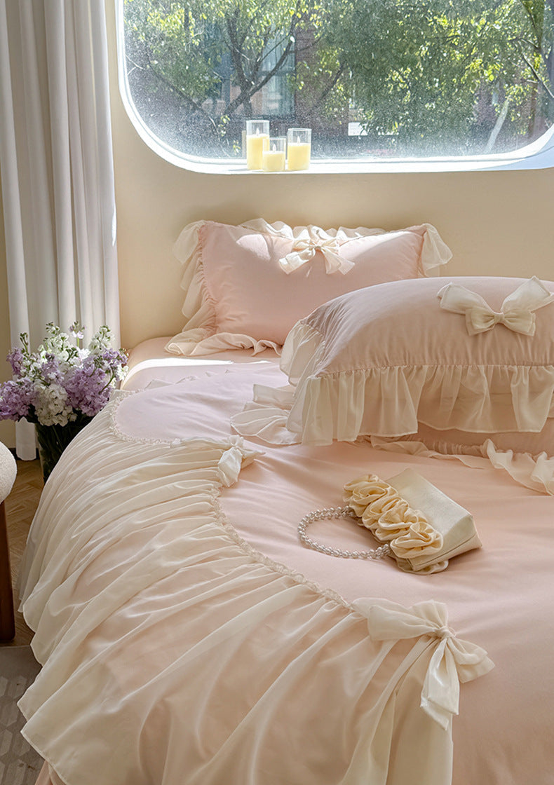 Pure Cotton Ribbon Bow Lace Ruffle Bedding Set - Pink