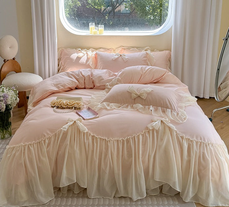 Pure Cotton Ribbon Bow Lace Ruffle Bedding Set - Pink